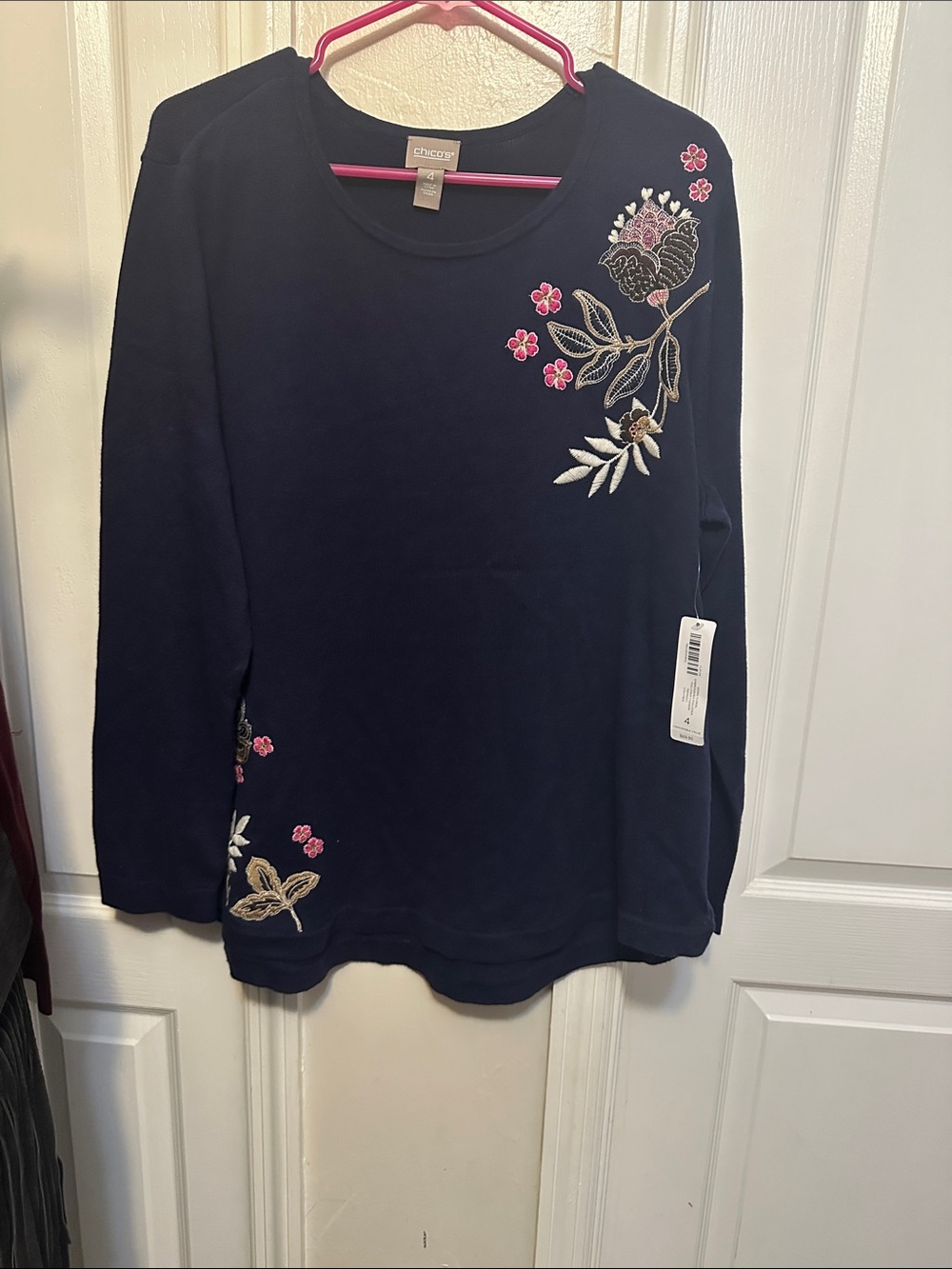 Chico's Navy Top with Pink and Cream Floral Embroidery